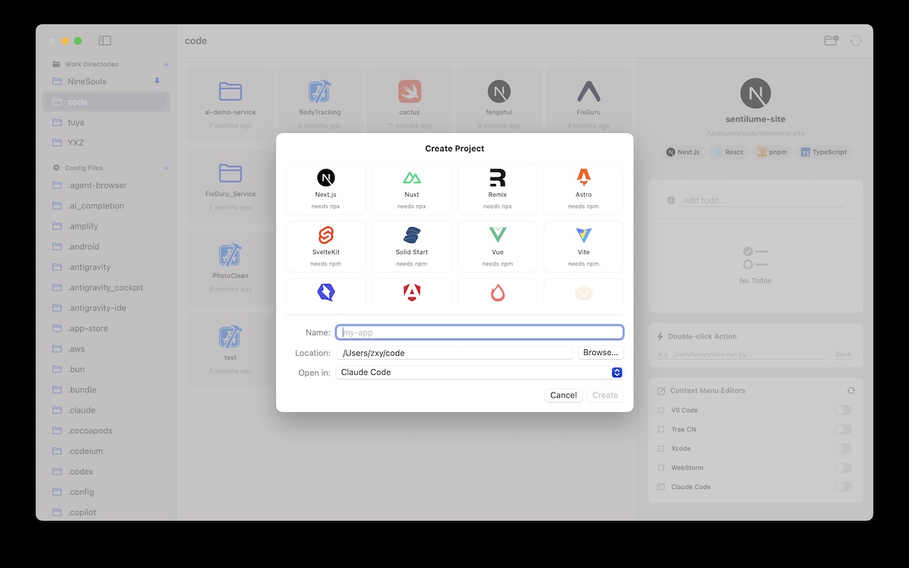 Dev WorkDir create project from 30+ templates: Next.js, Nuxt, Astro, Vite, Svelte, React