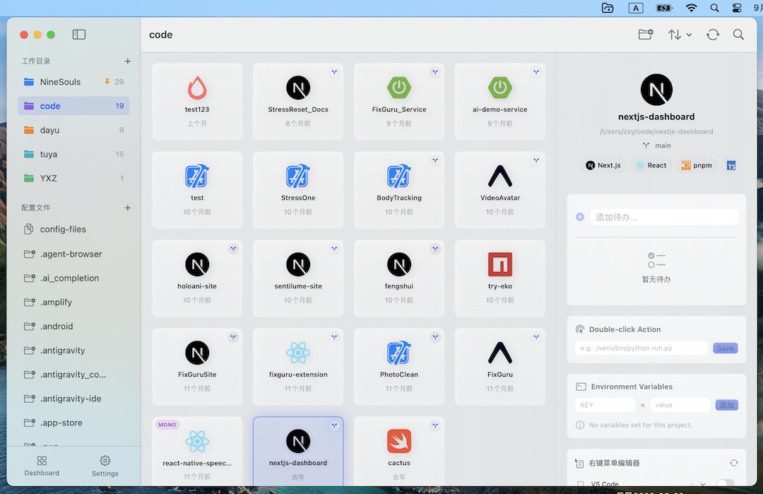 Dev WorkDir main window: project grid with tech-stack badges, Git branch and per-project todos