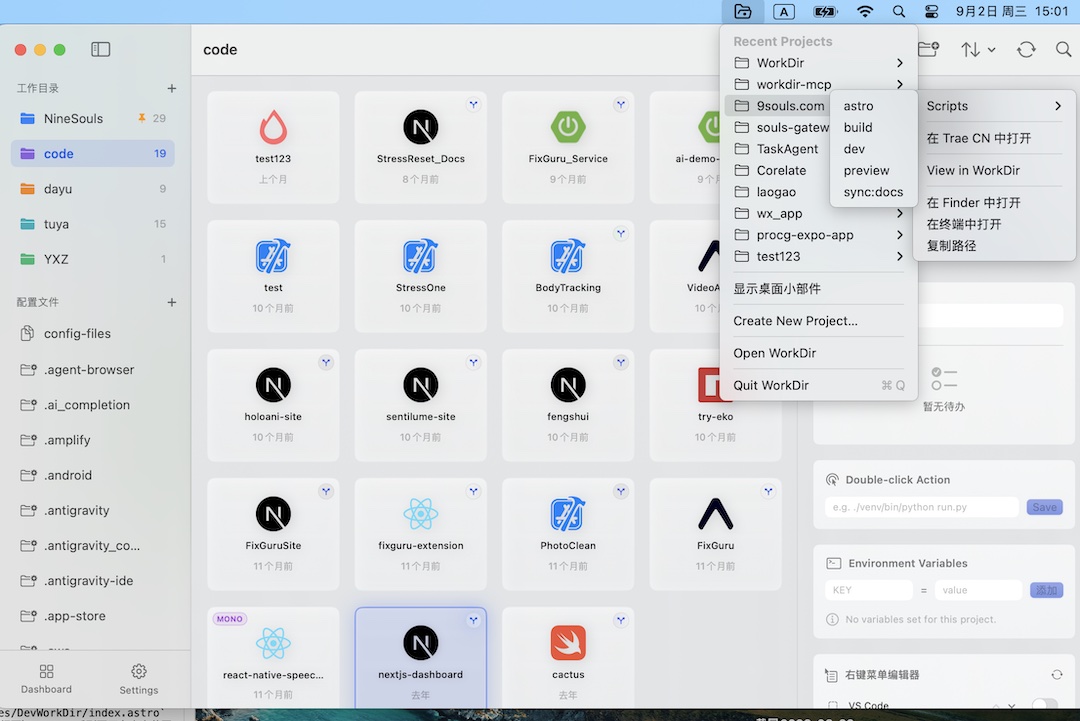 Menu bar Recent Projects with cascading scripts menu and per-project actions like open in editor, terminal, Finder