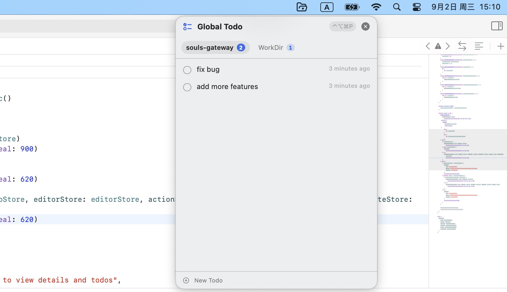 Global Todo Watchtower floating over code, aggregating todos across projects, hotkey Control Option Command P